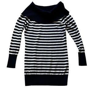 Caché Navy White Silver Striped Off Shoulder Tunic Sweater